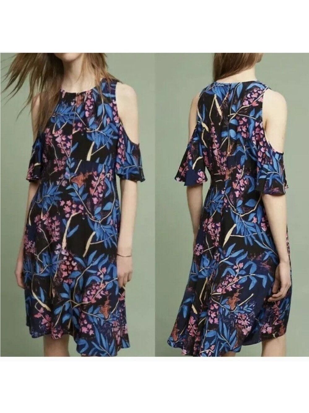Anthropologie Maeve Elia Dress Open Shoulder Blue Pink Black Dark Floral Size 0